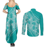 Hawaii Breadfruit Palaka Couples Matching Summer Maxi Dress and Long Sleeve Button Shirt Polu Opal Maile Lei - Polynesian Pride