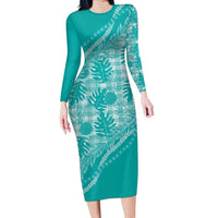 Hawaii Breadfruit Palaka Long Sleeve Bodycon Dress Polu Opal Maile Lei - Polynesian Pride