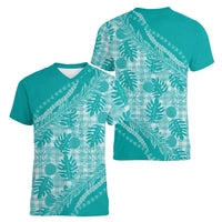 Hawaii Breadfruit Palaka Women V-Neck T-Shirt Polu Opal Maile Lei - Polynesian Pride