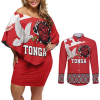 Tonga Heart Tribal Personalised Couples Matching Off Shoulder Short Dress and Long Sleeve Button Shirt Polynesian Patterns