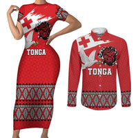 Tonga Heart Tribal Personalised Couples Matching Short Sleeve Bodycon Dress and Long Sleeve Button Shirt Polynesian Patterns LT9 Red - Polynesian Pride