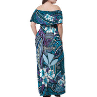 Personalised Hawaii Tribal Humpback Whale Off Shoulder Maxi Dress Polu Hibiscus Seamless Pattern