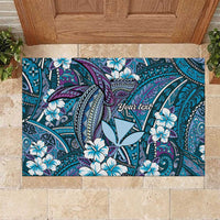 Personalised Hawaii Tribal Humpback Whale Rubber Doormat Polu Hibiscus Seamless Pattern LT9 Blue - Polynesian Pride