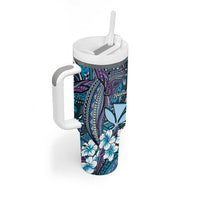 Personalised Hawaii Tribal Humpback Whale Tumbler With Handle Polu Hibiscus Seamless Pattern