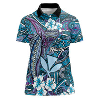 Personalised Hawaii Tribal Humpback Whale Women Polo Shirt Polu Hibiscus Seamless Pattern LT9 Female Blue - Polynesian Pride