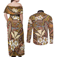 Personalised Hawaii Tribal Humpback Whale Couples Matching Off Shoulder Maxi Dress and Long Sleeve Button Shirt Melemele Hibiscus Seamless Pattern