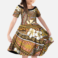 Personalised Hawaii Tribal Humpback Whale Family Matching Off Shoulder Short Dress and Hawaiian Shirt Melemele Hibiscus Seamless Pattern LT9 Daughter's Dress Gold - Polynesian Pride