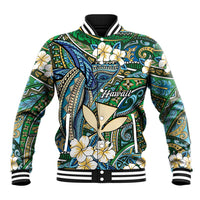 Personalised Hawaii Tribal Humpback Whale Baseball Jacket Omaomao Hibiscus Seamless Pattern