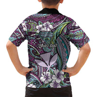 Personalised Hawaii Tribal Humpback Whale Family Matching Short Sleeve Bodycon Dress and Hawaiian Shirt Poni Hibiscus Seamless Pattern