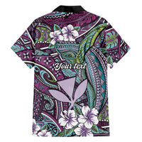 Personalised Hawaii Tribal Humpback Whale Family Matching Short Sleeve Bodycon Dress and Hawaiian Shirt Poni Hibiscus Seamless Pattern