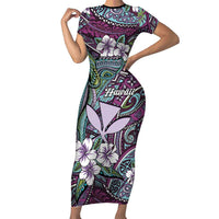 Personalised Hawaii Tribal Humpback Whale Family Matching Short Sleeve Bodycon Dress and Hawaiian Shirt Poni Hibiscus Seamless Pattern