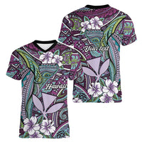 Personalised Hawaii Tribal Humpback Whale Women V-Neck T-Shirt Poni Hibiscus Seamless Pattern