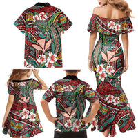 Personalised Hawaii Tribal Humpback Whale Family Matching Mermaid Dress and Hawaiian Shirt Ulaula Hibiscus Seamless Pattern