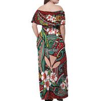 Personalised Hawaii Tribal Humpback Whale Off Shoulder Maxi Dress Ulaula Hibiscus Seamless Pattern