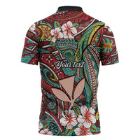 Personalised Hawaii Tribal Humpback Whale Zipper Polo Shirt Ulaula Hibiscus Seamless Pattern LT9 - Polynesian Pride