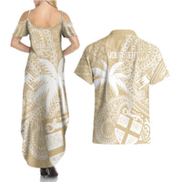 Custom Indo Fijians Couples Matching Summer Maxi Dress and Hawaiian Shirt Fiji ke Hindustani Polyneisan Paisley Beige Style