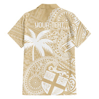 Custom Indo Fijians Family Matching Off Shoulder Short Dress and Hawaiian Shirt Fiji ke Hindustani Polyneisan Paisley Beige Style
