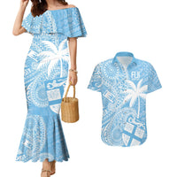 Custom Indo Fijians Couples Matching Mermaid Dress and Hawaiian Shirt Fiji ke Hindustani Polyneisan Paisley Blue Style