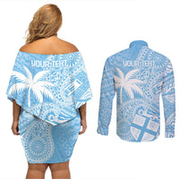 Custom Indo Fijians Couples Matching Off Shoulder Short Dress and Long Sleeve Button Shirt Fiji ke Hindustani Polyneisan Paisley Blue Style