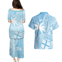 Custom Indo Fijians Couples Matching Puletasi and Hawaiian Shirt Fiji ke Hindustani Polyneisan Paisley Blue Style