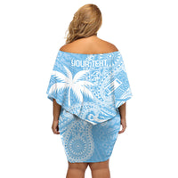 Custom Indo Fijians Family Matching Off Shoulder Short Dress and Hawaiian Shirt Fiji ke Hindustani Polyneisan Paisley Blue Style