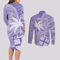 Custom Indo Fijians Couples Matching Long Sleeve Bodycon Dress and Long Sleeve Button Shirt Fiji ke Hindustani Polyneisan Paisley Purple Style