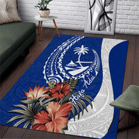 Blue Guam Hafa Adai Area Rug Tropical Flowers with Polynesian Pattern