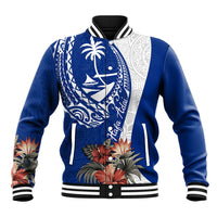 Blue Guam Hafa Adai Baseball Jacket Tropical Flowers with Polynesian Pattern