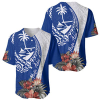 Blue Guam Hafa Adai Baseball Jersey Tropical Flowers with Polynesian Pattern