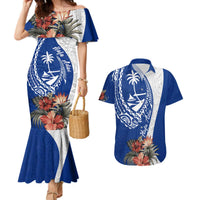 Blue Guam Hafa Adai Couples Matching Mermaid Dress and Hawaiian Shirt Tropical Flowers with Polynesian Pattern LT9 Blue - Polynesian Pride