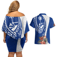 Blue Guam Hafa Adai Couples Matching Off Shoulder Short Dress and Hawaiian Shirt Tropical Flowers with Polynesian Pattern