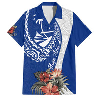 Blue Guam Hafa Adai Family Matching Off The Shoulder Long Sleeve Dress and Hawaiian Shirt Tropical Flowers with Polynesian Pattern