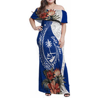Blue Guam Hafa Adai Family Matching Off Shoulder Maxi Dress and Hawaiian Shirt Tropical Flowers with Polynesian Pattern
