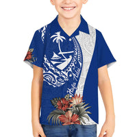Blue Guam Hafa Adai Family Matching Off Shoulder Maxi Dress and Hawaiian Shirt Tropical Flowers with Polynesian Pattern
