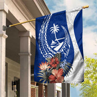 Blue Guam Hafa Adai Garden Flag Tropical Flowers with Polynesian Pattern