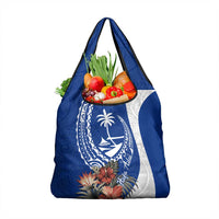 Blue Guam Hafa Adai Grocery Bag Tropical Flowers with Polynesian Pattern