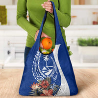 Blue Guam Hafa Adai Grocery Bag Tropical Flowers with Polynesian Pattern