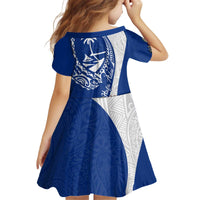 Blue Guam Hafa Adai Kid Short Sleeve Dress Tropical Flowers with Polynesian Pattern