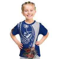 Blue Guam Hafa Adai Kid T Shirt Tropical Flowers with Polynesian Pattern