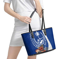 Blue Guam Hafa Adai Leather Tote Bag Tropical Flowers with Polynesian Pattern