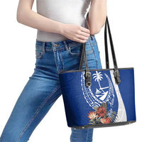 Blue Guam Hafa Adai Leather Tote Bag Tropical Flowers with Polynesian Pattern