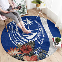 Blue Guam Hafa Adai Round Carpet Tropical Flowers with Polynesian Pattern