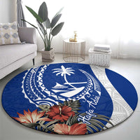 Blue Guam Hafa Adai Round Carpet Tropical Flowers with Polynesian Pattern