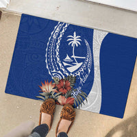 Blue Guam Hafa Adai Rubber Doormat Tropical Flowers with Polynesian Pattern