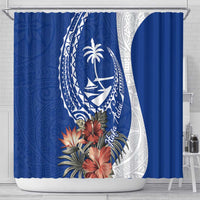 Blue Guam Hafa Adai Shower Curtain Tropical Flowers with Polynesian Pattern