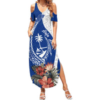 Blue Guam Hafa Adai Summer Maxi Dress Tropical Flowers with Polynesian Pattern