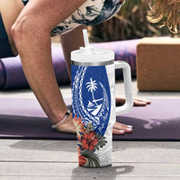 Blue Guam Hafa Adai Tumbler With Handle Tropical Flowers with Polynesian Pattern