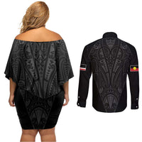 Queensland Maori Rugby Nga Hau e Wha Couples Matching Off Shoulder Short Dress and Long Sleeve Button Shirt Black Motif