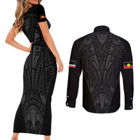 Queensland Maori Rugby Nga Hau e Wha Couples Matching Short Sleeve Bodycon Dress and Long Sleeve Button Shirt Black Motif