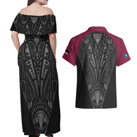 Queensland Maori Rugby Nga Hau e Wha Couples Matching Off Shoulder Maxi Dress and Hawaiian Shirt Maroon Motif